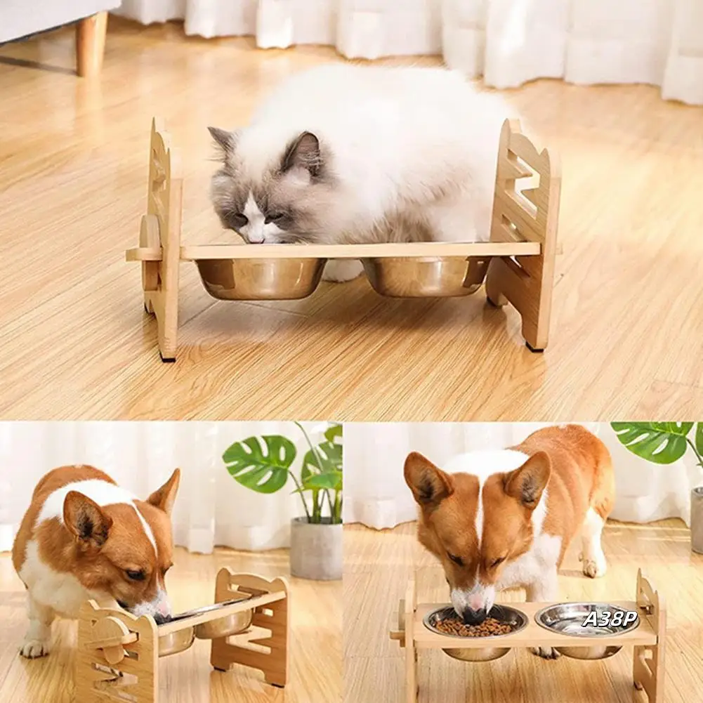 

Bamboo Elevated Dog Bowls,Adjustable Raised Puppy Cat Food Water Bowls Holder Rabbits Feeder For Small Medium Pet