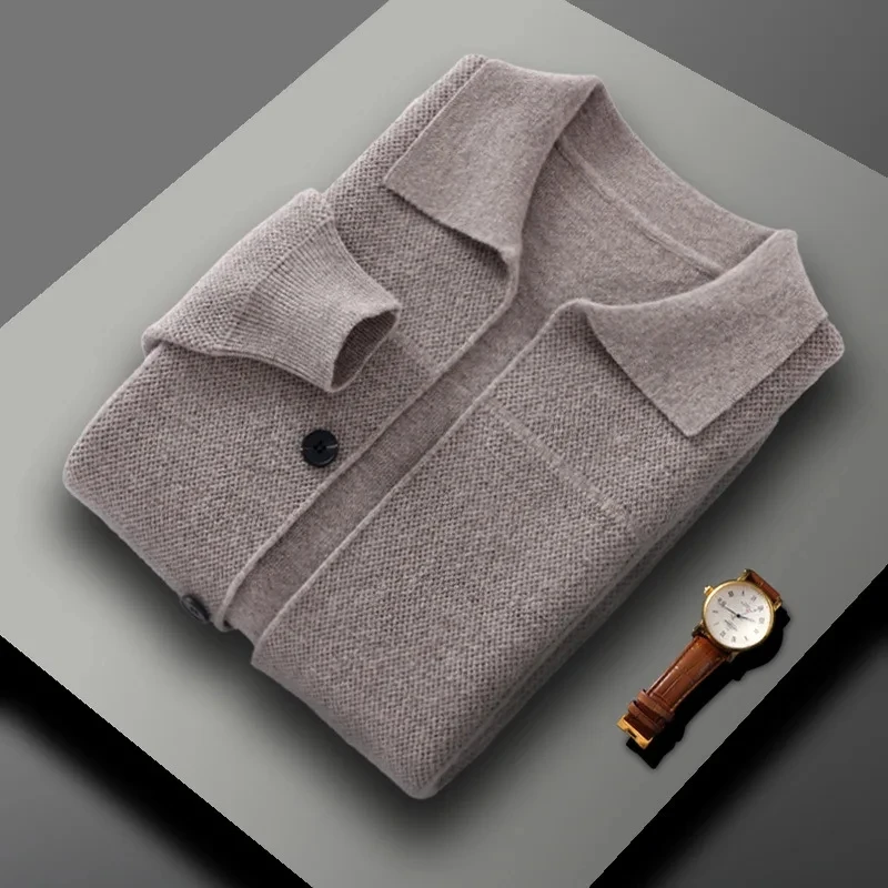 

2026 Men Pure Wool Turn Down Collar Button Knit Sweater Loose Business High End Fashion Desin Coat