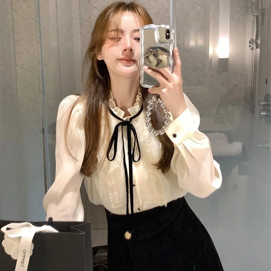 

Small Fraance Sle Long Sve Women's Blouse Chiffon Inner irt Lace Trim Base irt New Model Commute Loose Fit Polyester