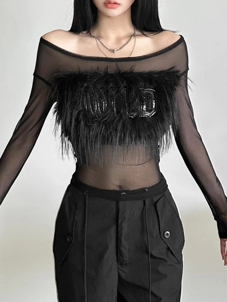 E-girl Mode Mesh Transparent Slash Neck Crop Tops Fairycore Feder Frauen Schlank Sheer Tops Cyber Y2K Straße T Shirts