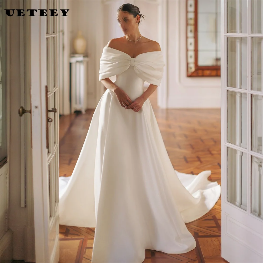 UETEEY Customized Detachable Bow Off Shoulder Satin Wedding Dress Elegant A Line Lace Up Back Court Train Bridal Gown