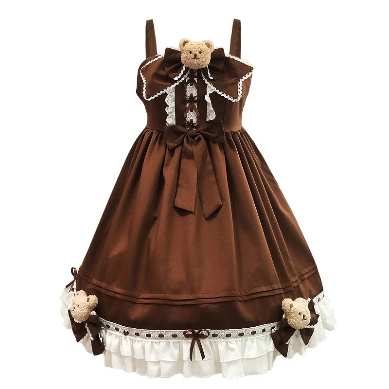 Original estilo japonês doce bonito lolita vestidos 3d arco urso cintura alta a linha retro jsk princesa suspender vestido feminino primavera
