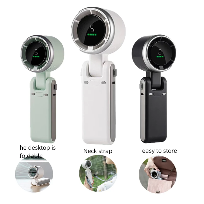 

Summer outdoor hanging neck handheld 180 degree office folding， mini portable fan digital display high-speed turbo USB charging