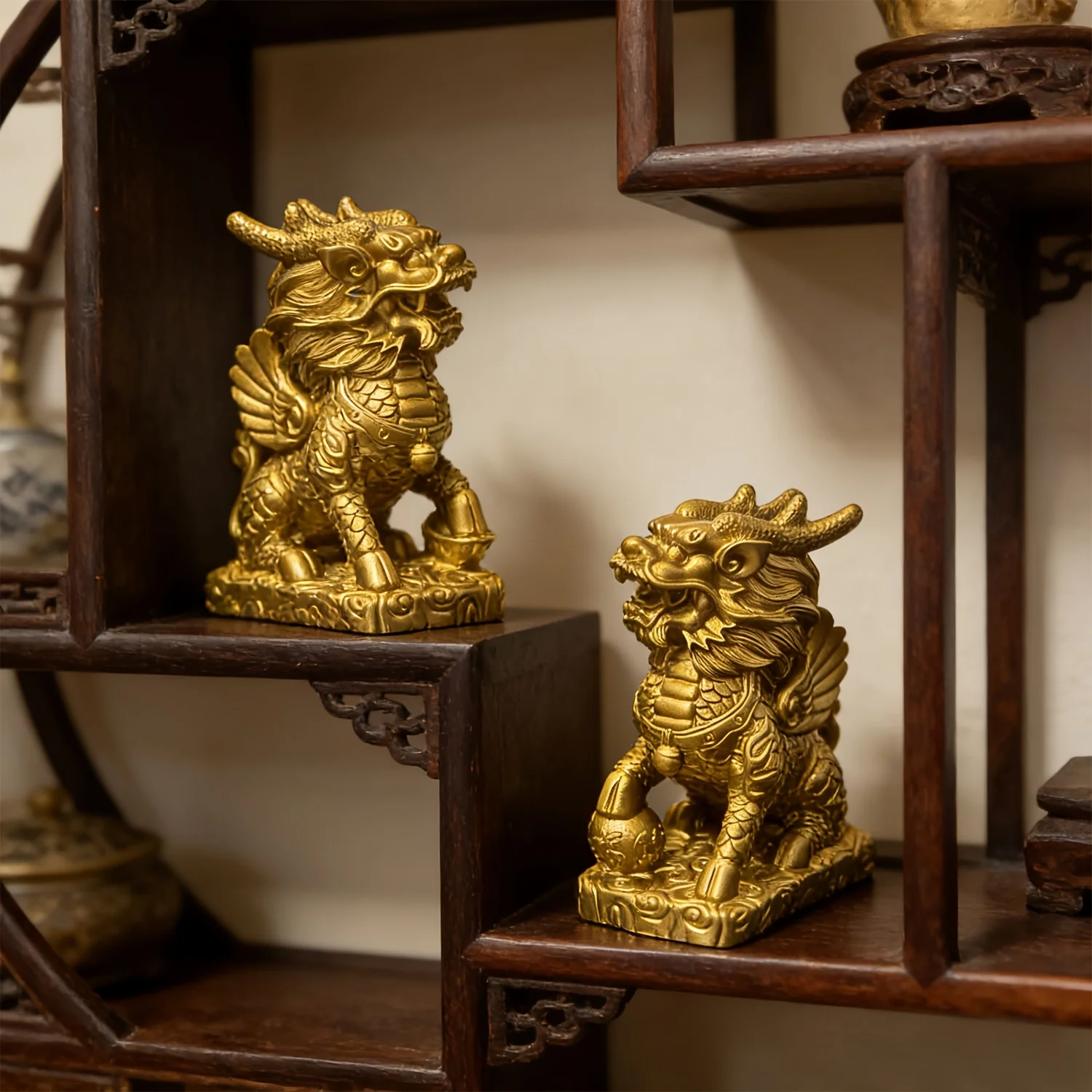 2PCS Resin Wealth & Good Luck Figurines, Traditional Chinese Mythical Beast Sculptures for Home Office Decor, Attract Positive E