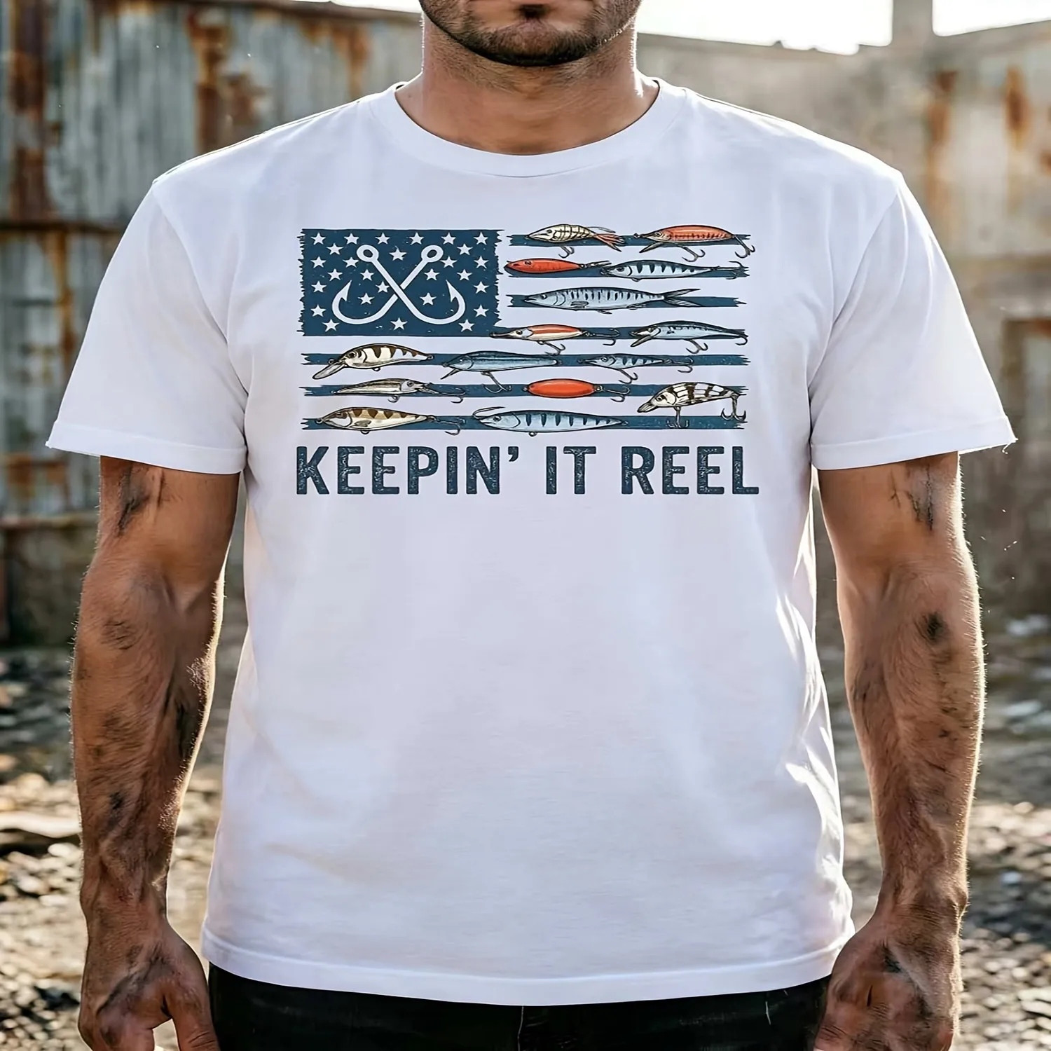Casual American Flag Fishing Lures Design Men'S T-Shirt Keepin It Reel Graphic Print Summer Outdoor Activities Gift For Fishermen And Angling Enthusiasts01 Unisex Crew Neck T-Shirt Lightweight an Unisex tshirt, Graphic tshirt