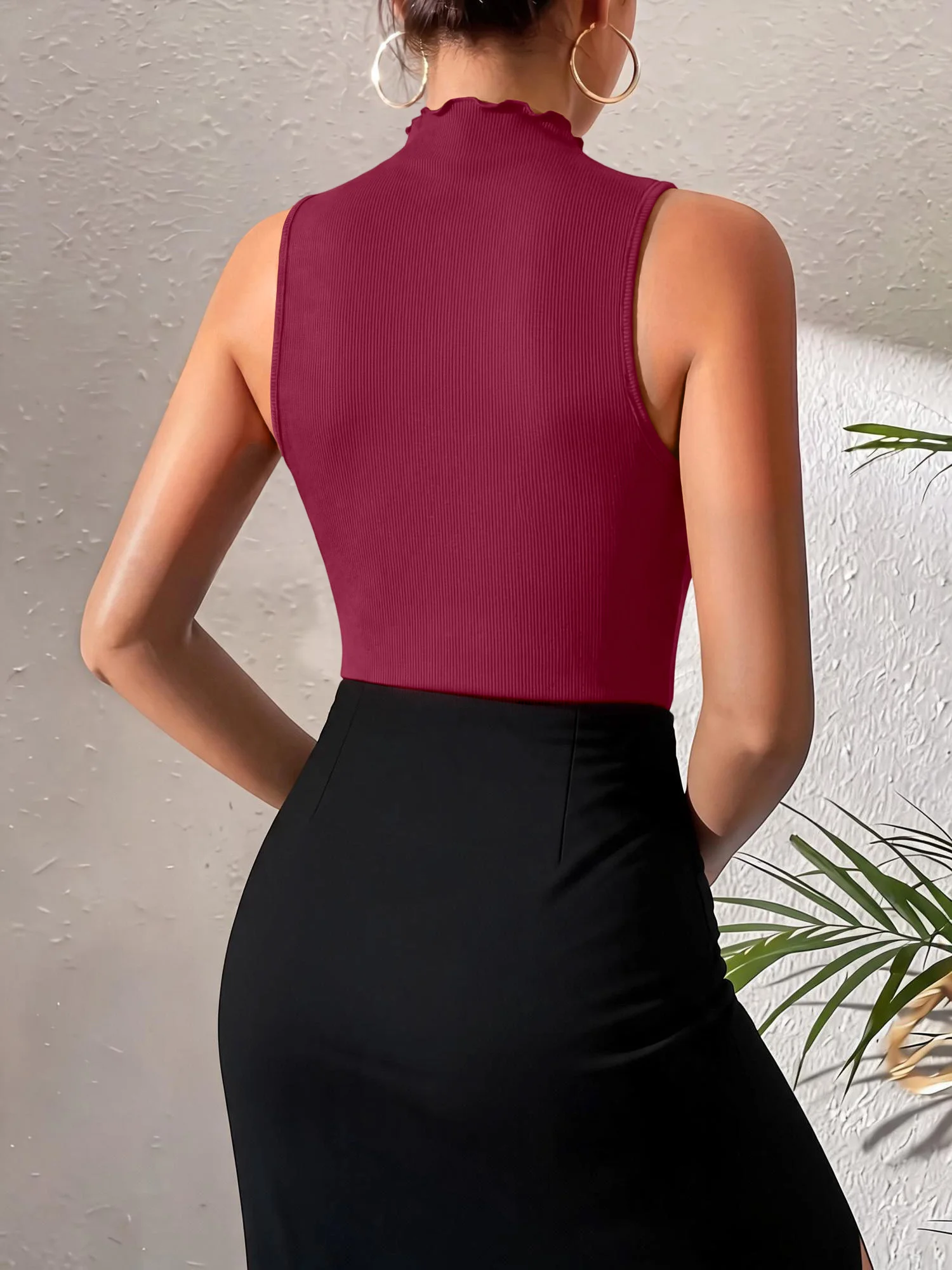 Spring Autumn Women Sleeveless Mock Neck Tank Top Soft Rib Knit Solid Color Capsule Wardrobe Versatile Layering Inner Wear