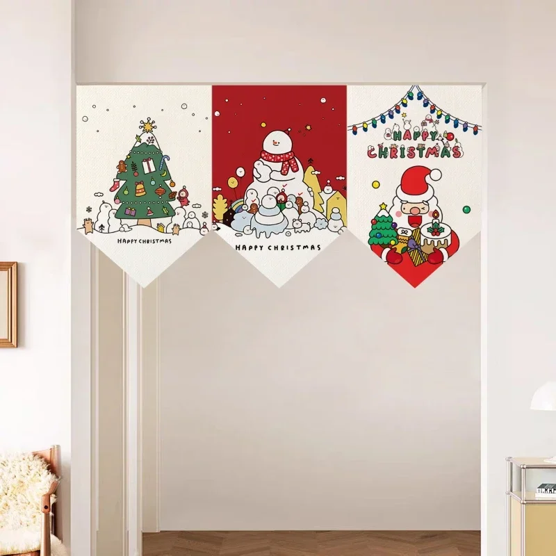 VIKAMA Retro Christmas Triangle Flag Door Curtain Christmas Tree Print Holiday Partition Curtain Kitchen Coffee Shop Home Decor