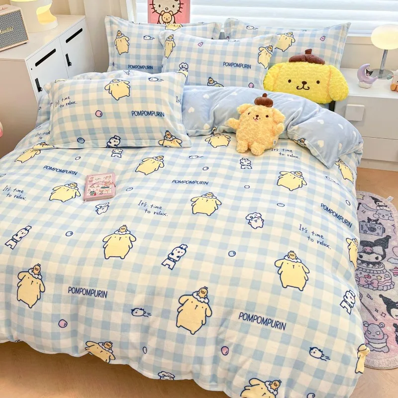 

Милый мультяшный помпон Purin, зимний теплый утолщенный молочный бархатный комплект из четырех предметов, мультяшные простыни и пододеяльники, комплект постельного белья из трех предметов