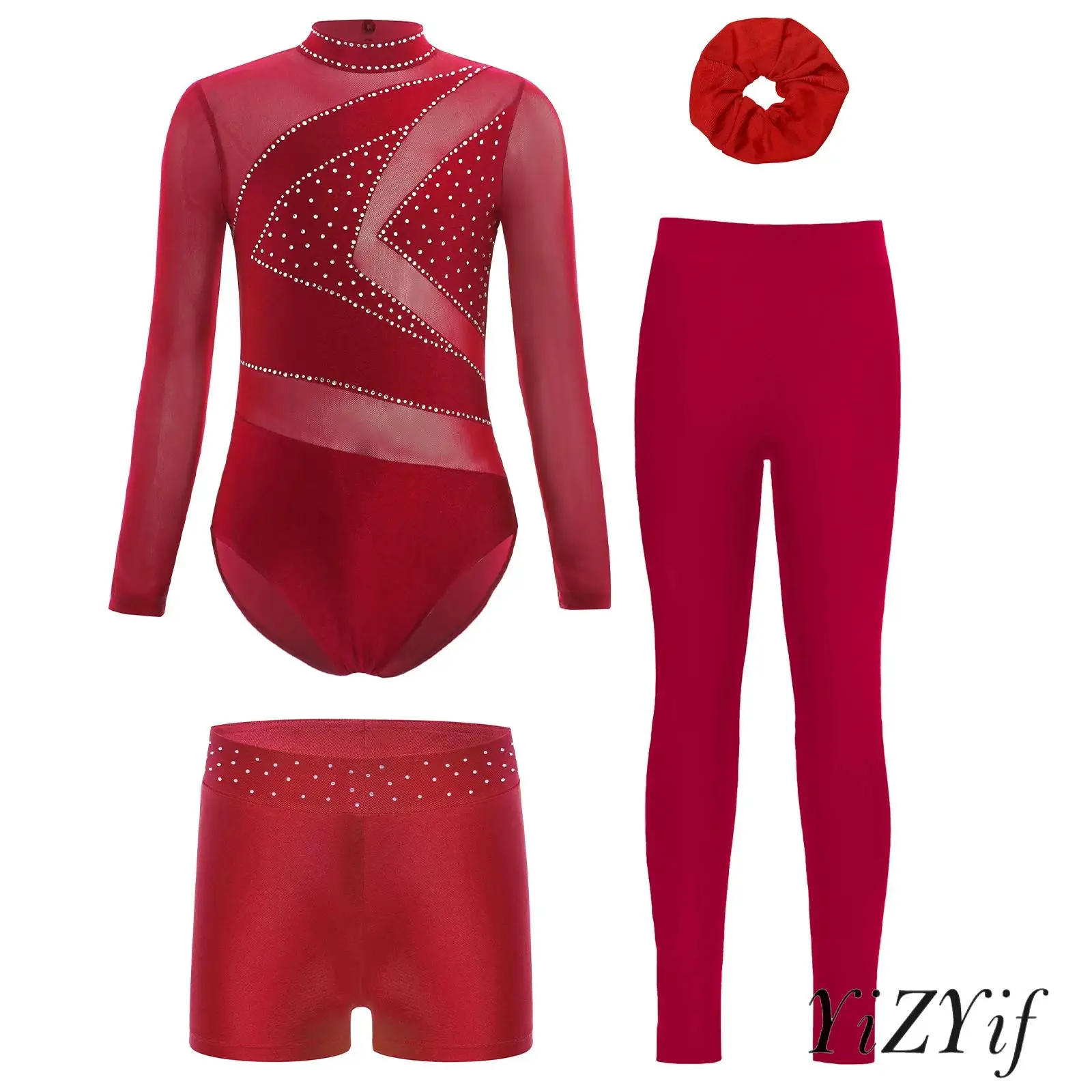 

Kids Girls Figure Skating Ballet Dance Costume Sheer Mesh Long Sleeve Sparkly Rhinestone Leotard+Shorts+Leggings+Hairband Set