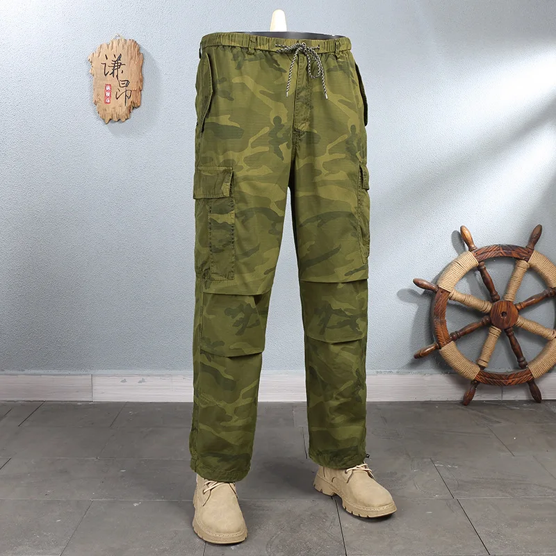 American camouflage loose multi pocket work pants men's summer new trend straight leg wide leg casual pants