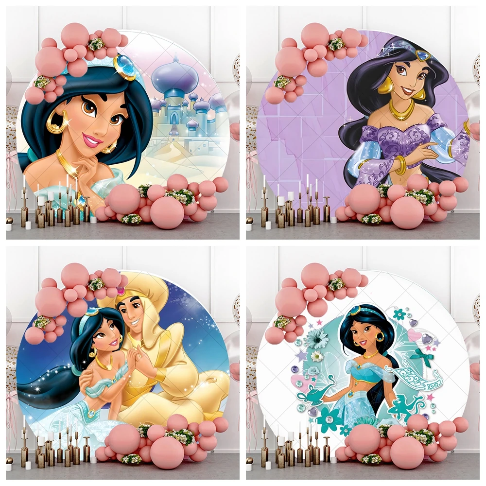 

Disney Princess Jasmine Aladdin's lamp Cartoon Kid Birthday Party Round Backdrop Custom Girl Photography Poster Decor Background