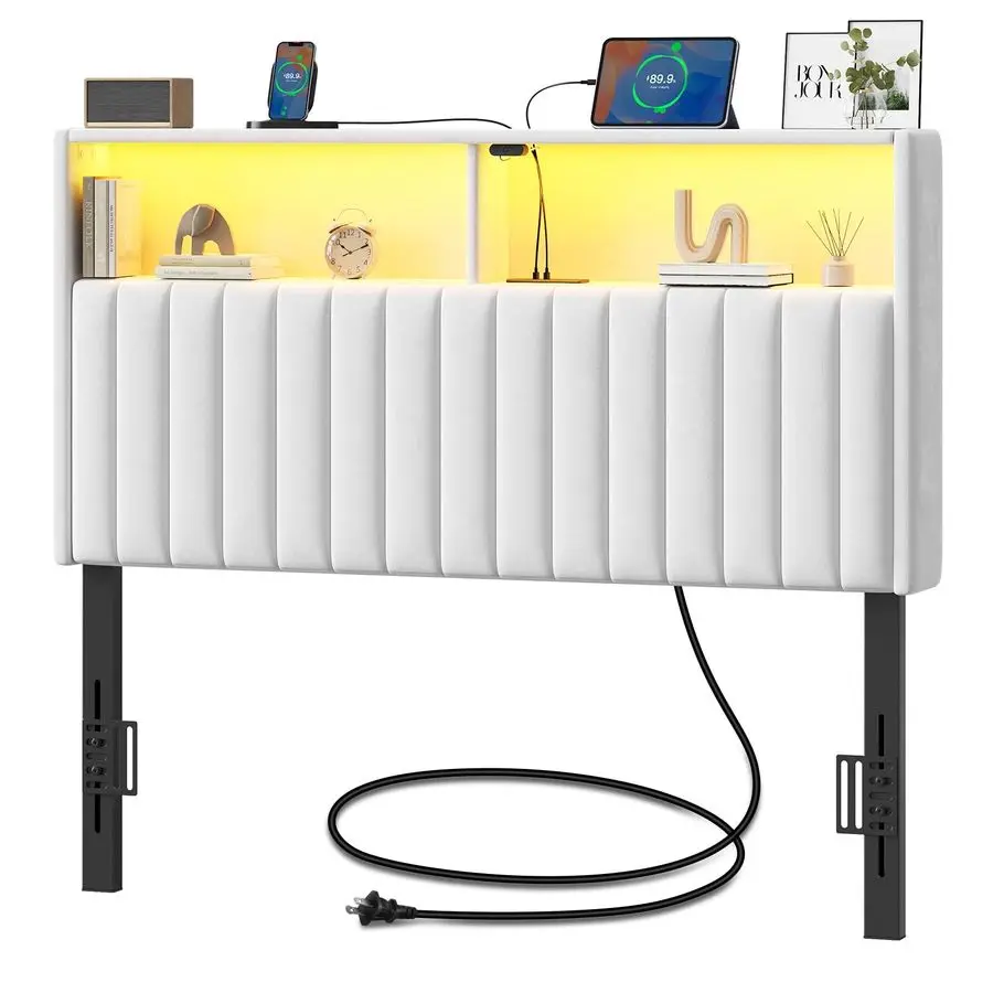 

Headboard for Twin Size Bed with Storage, Velvet Upholstered Head Board with USB Type C Port, 60,000 DIY Color of LED Light Hei
