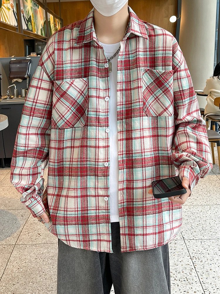 

American Retro Plaid Shirt Men's Spring Loose Versatile Lazy Style Long Sleeve Plaid Shirt Jacket Trendy Sharp Collar Daily Wear