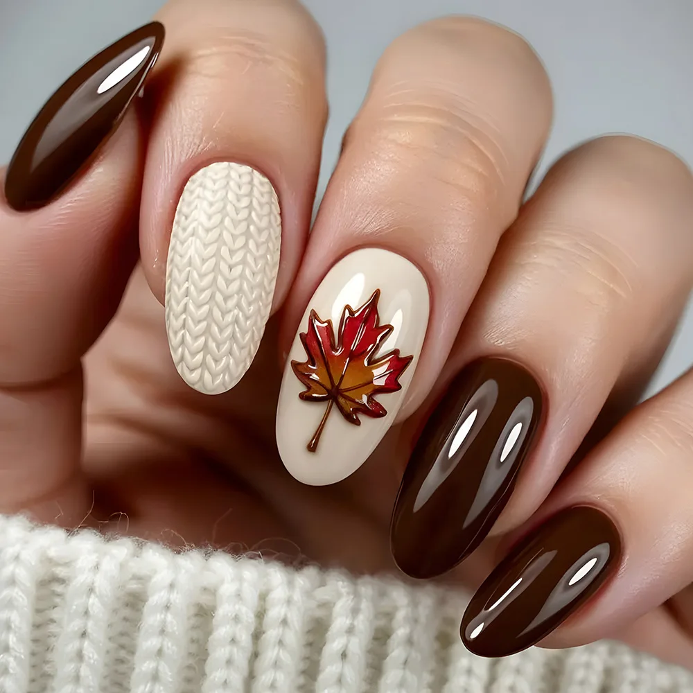 

24PCS Autumn Winter Press on Nails Retro Knit Texture Dark Brown Maple Leaf Almond False Nails for Women Simple Nails Detachable