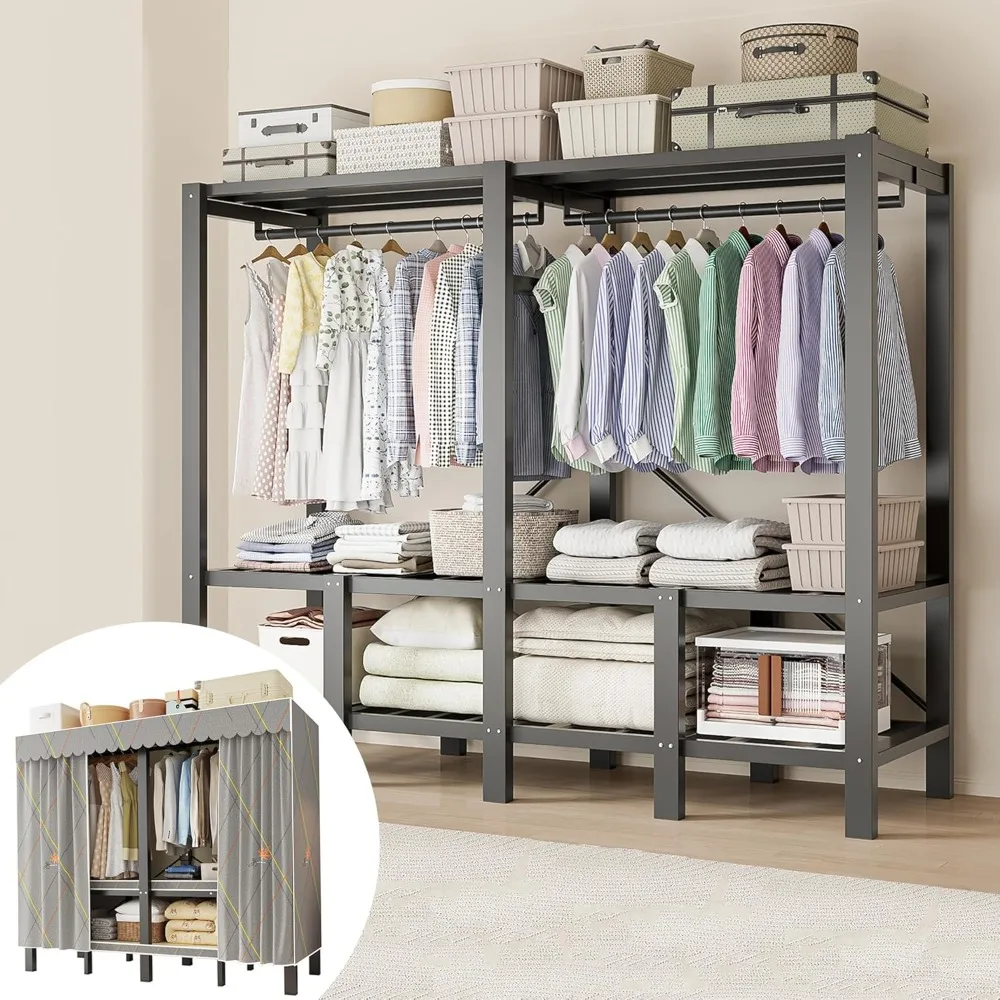 

Portable Wardrobe Closet Heavy Duty Clothes Closet with Cover 1200Ibs, Foldable Metal Closets for Hanging Clothes, Industrial w/