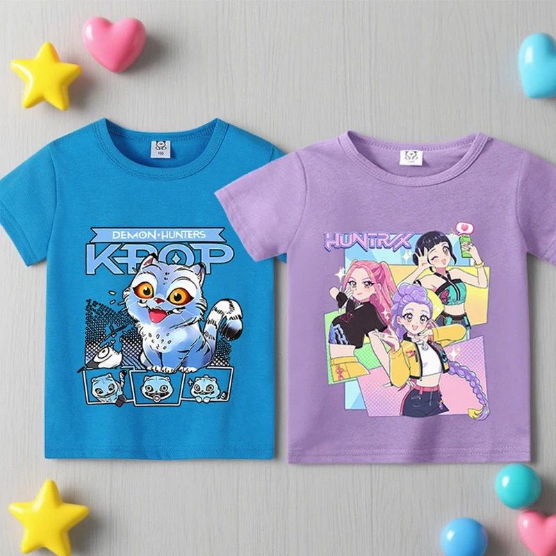 

Kpop Demon Hunters Girl purple Short Sleeve Boy blue Summer Print T Shirt cute Clothe Cotton Tee Shirts Children Short Tops Tees