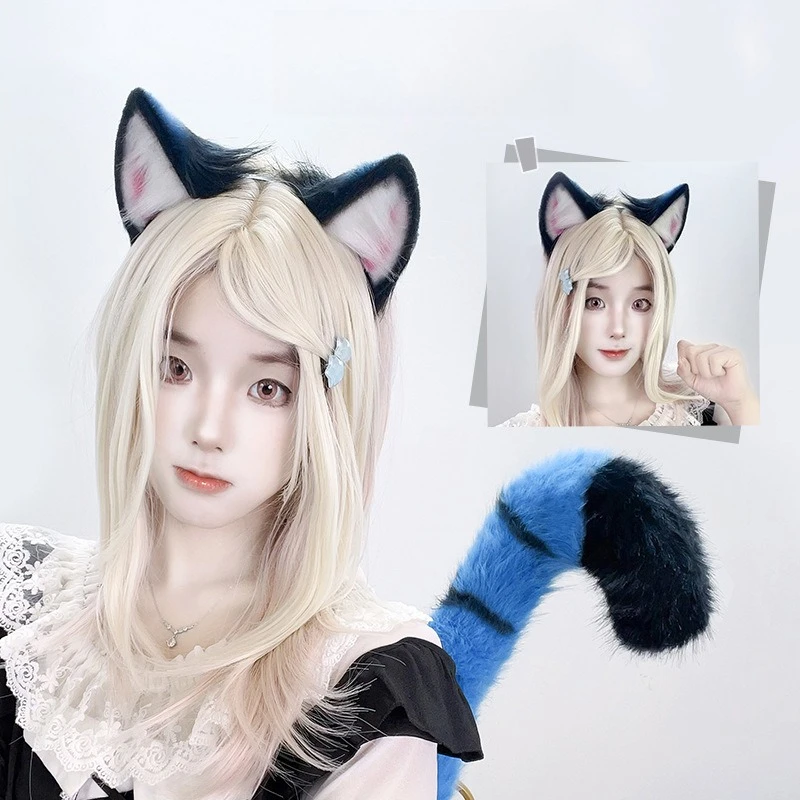 

Kpop witch hunt group handmade artificial fur animal orc messenger tiger blue plush headdress tail Cosplay performance props