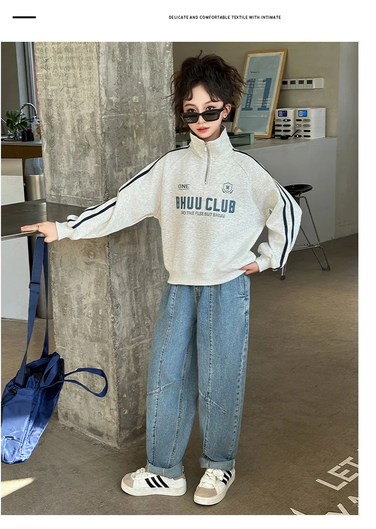 Neues Herbst-Kinder-Y2K-Rollkragen-Sweatshirt mit halbem Reißverschluss für Mädchen, lässiges Streetwear-Outfit, Kinder-Teenager-Modekleidung – Detail 5