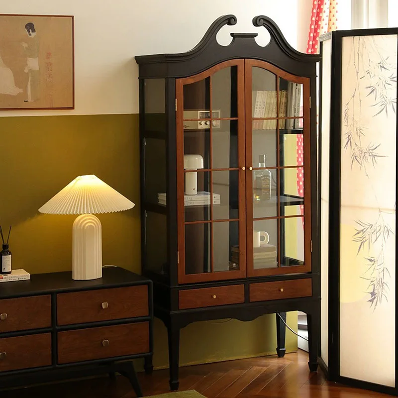 

Retro wine cabinet American solid wood glass bookcase display cabinet wall side cabinet