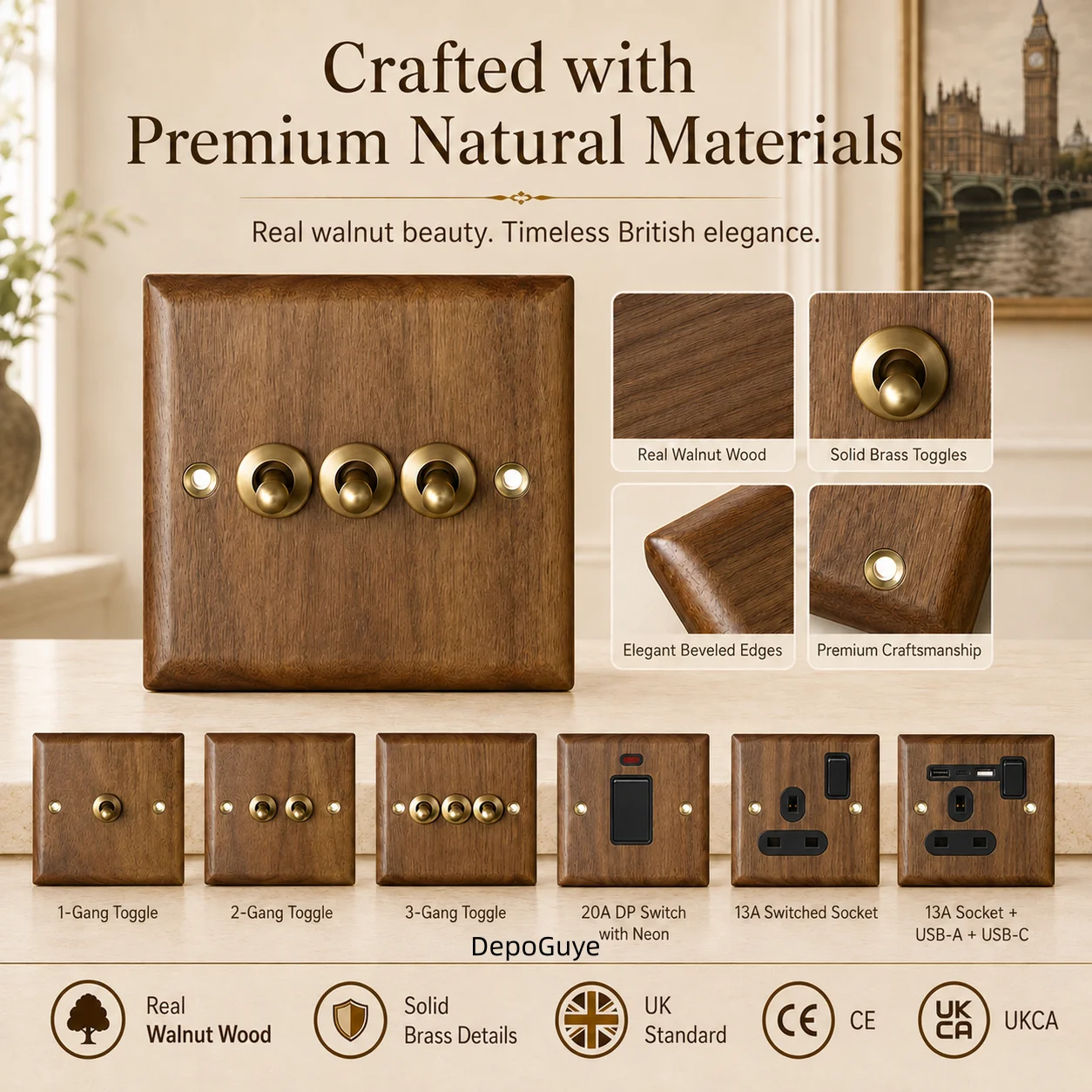 High Quality Retro Europe Type Vintage Wall Light Switch Socket, Solid Wood Brass Toggle Switch Plate, Antique Home Stay Switch
