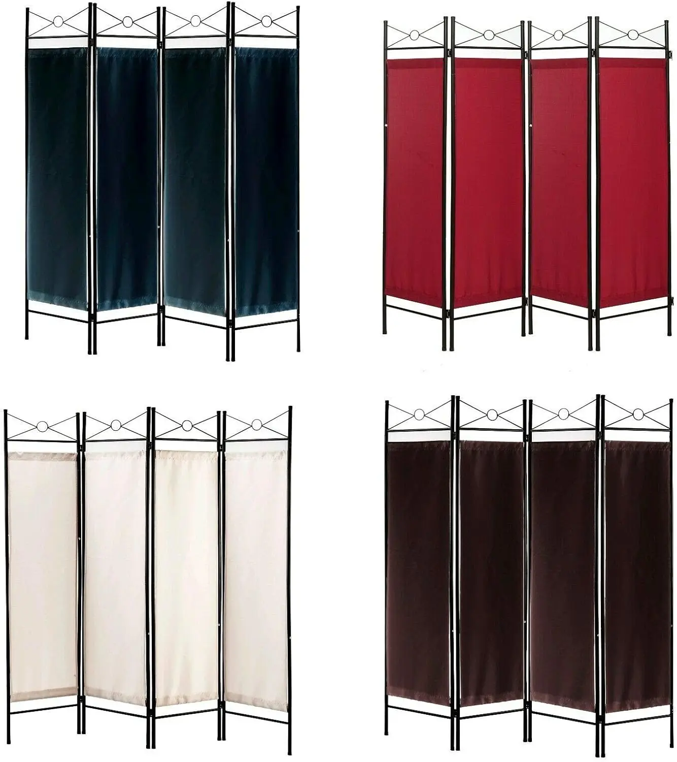 

4 Panel Metal and Woven Fabric Room Divider with Two Way Hinges White Color