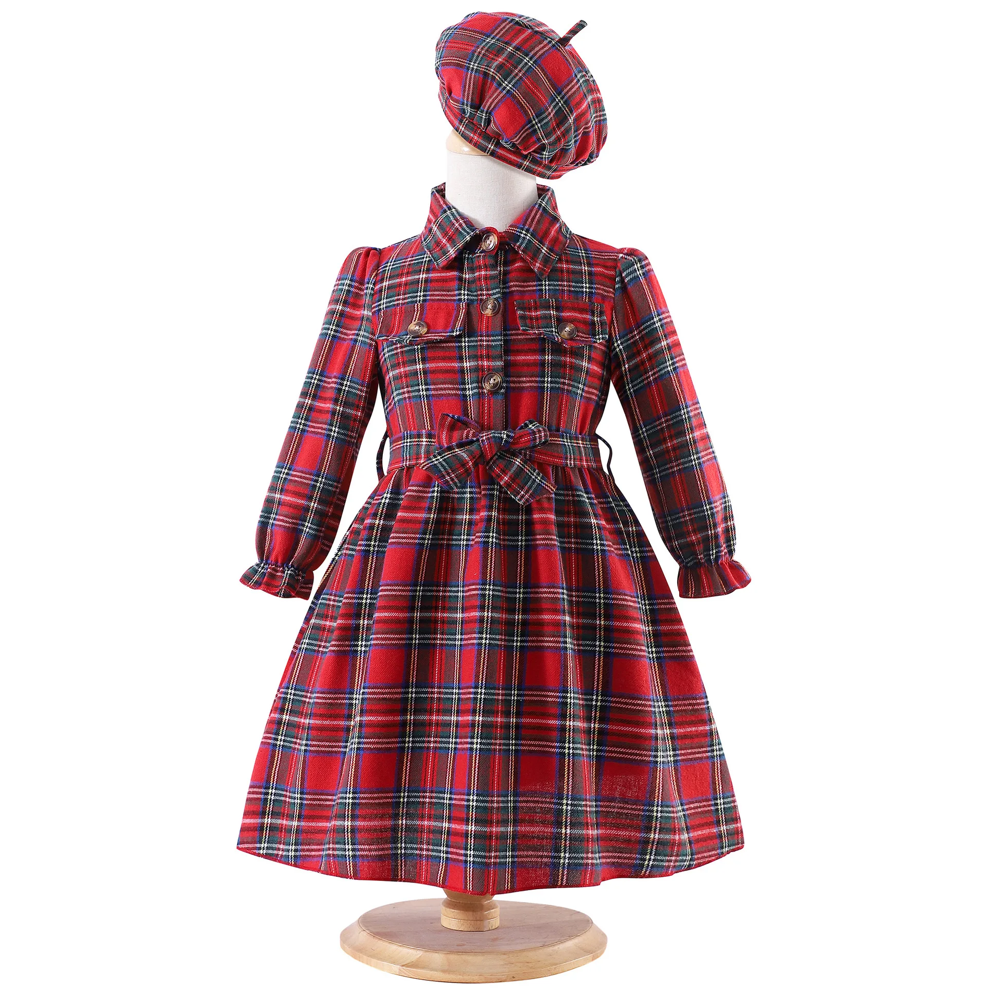Girls Tartan Plaid Shirt Dress with Matching Beret Long Sleeve Belted A-Line Dress Preppy Elegant Kids Outfit Christmas Holiday