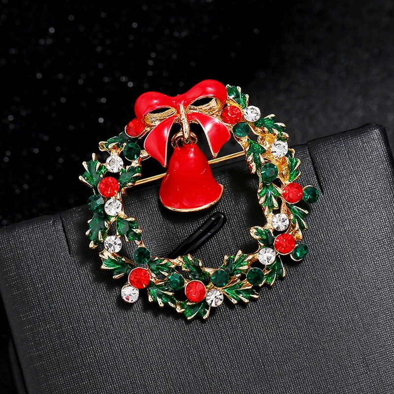 1PC Christmas Enamel Brooch Pins Rhinestone Xmas Tree Wreath Bell Metal Pins Jewelry Gift For Women Merry Christmas Decor Gifts