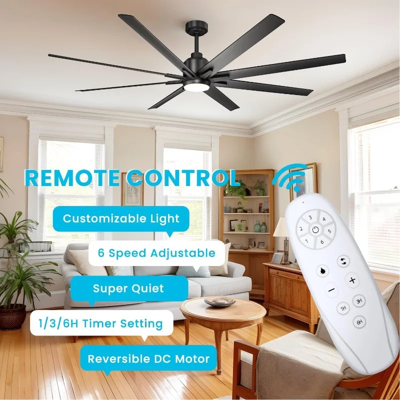 CJOY 72 Inch Ceiling Fans with Light, Modern Black Ceiling Fan with 8 Aluminium Blades, 6-Speed Reversible, DC Motor