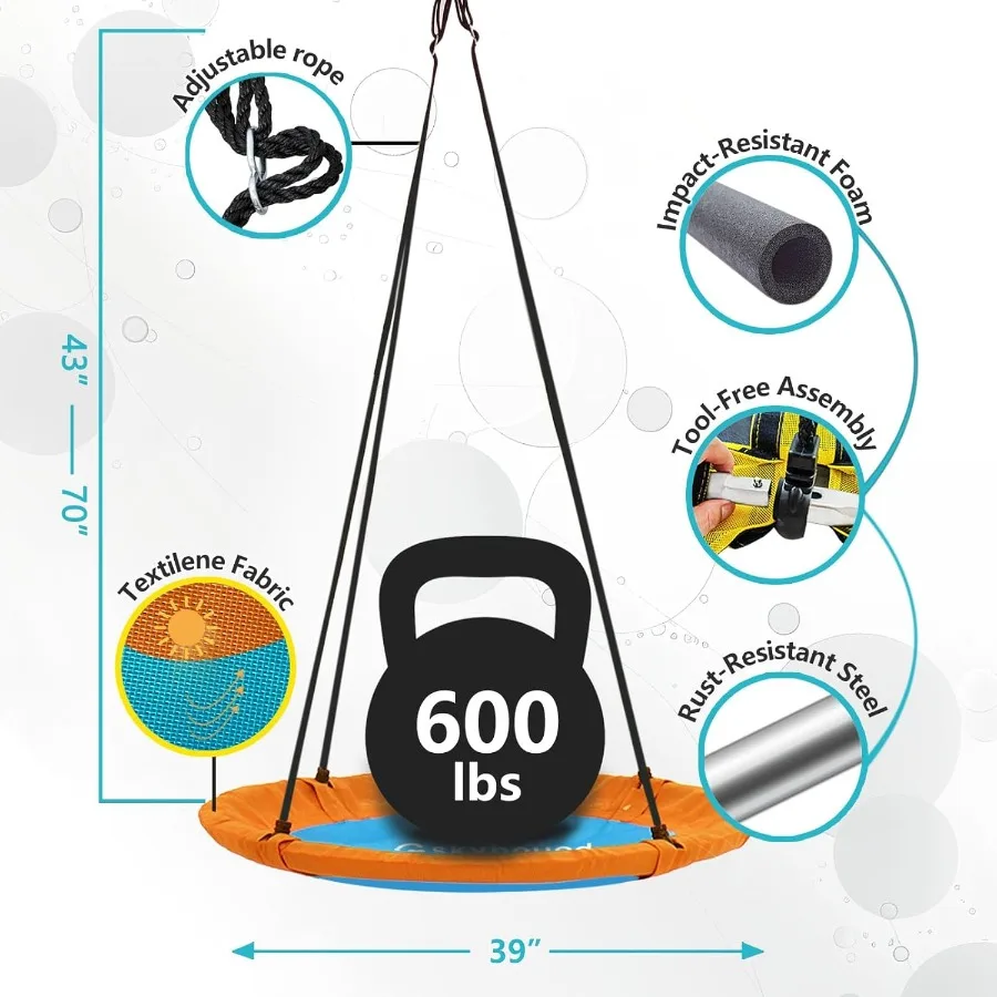 Balançoire à soucoupe pour arbre – Capacité de poids de 600 lb – Balançoire extérieure avec sangles de suspension – Balançoire étanche pour arbres – Flyi durable