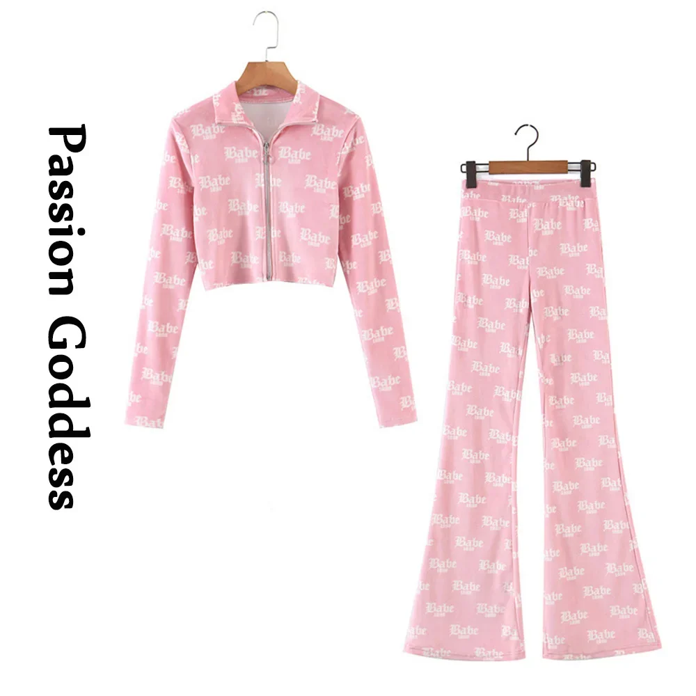 Cute Women 2 Piece Velvet Sets Loungewear Tracksuits Babe Letter Printed Zipper Jackets High Waist Flare Pants Two Piece Outfits