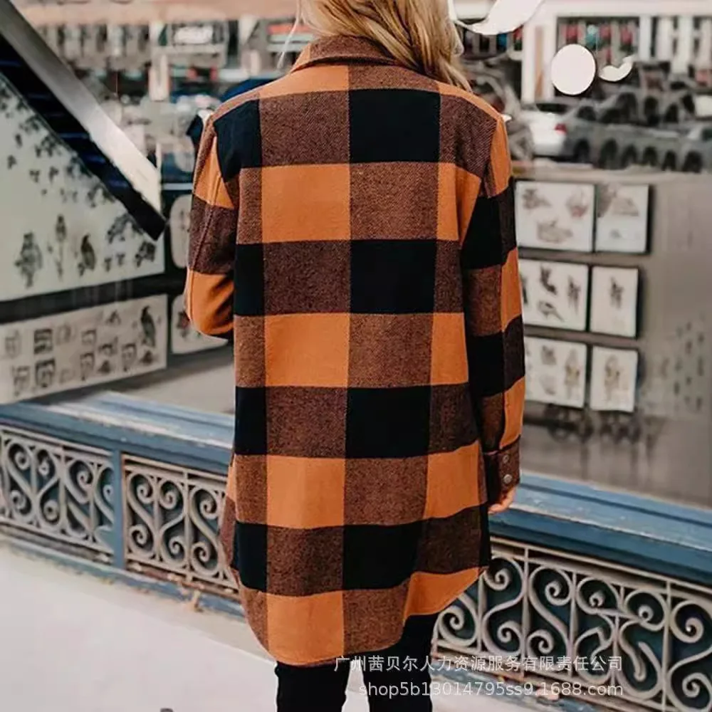 Autumn New Sweater Medium and Long Plaid Printing Long-sleeved Jacket Women's Cover