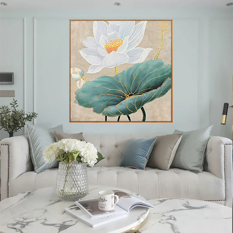 Lotus Gold-Line Oil Paintings 100% Handmade Flowers Wall Art On Canvas Abstract Style Home Decoration For Living Room Bedroom