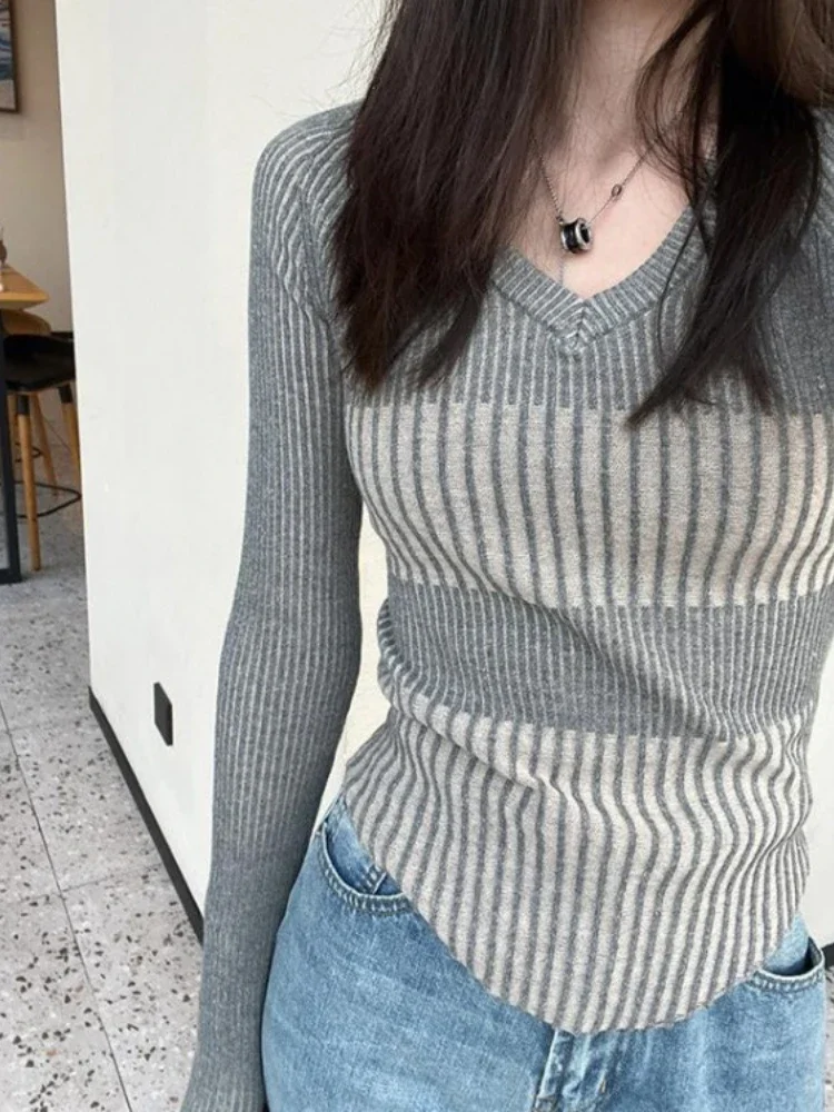 Vintage Elegant Striped V Neck Sweaters Fashion Slim Women Knitted Y2k Aesthetic Pullovers Korean All Match Grunge Sueter Mujer