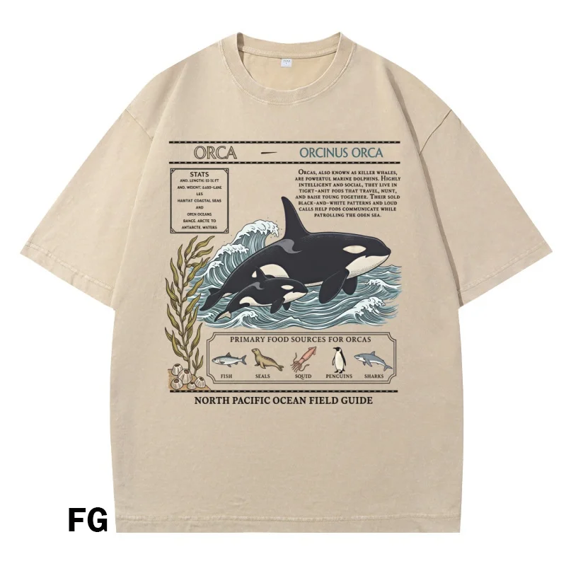 Vintage Orca Field Guide T Shirt Men Women Whale Ocean Life Tee Shirt Casual Round Neck Cotton Short Sleeve T-shirt Clothing