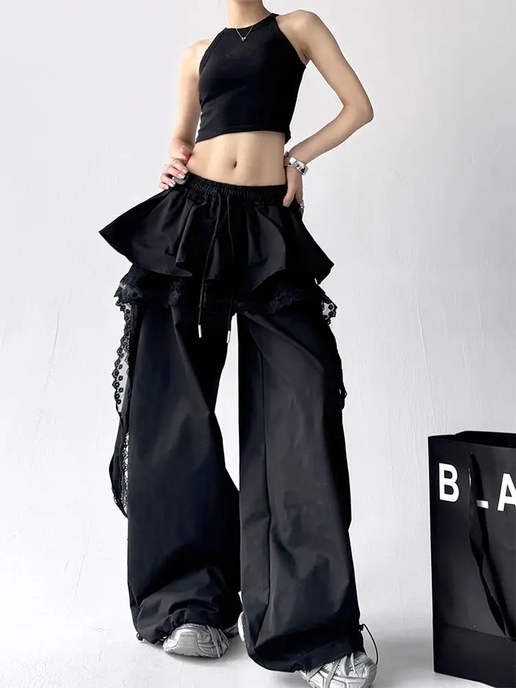 Women's Layered Skirt Design, Casual Work Pants, 2025 Spring and Summer New Style, Spliced Lace Layered Long Pants