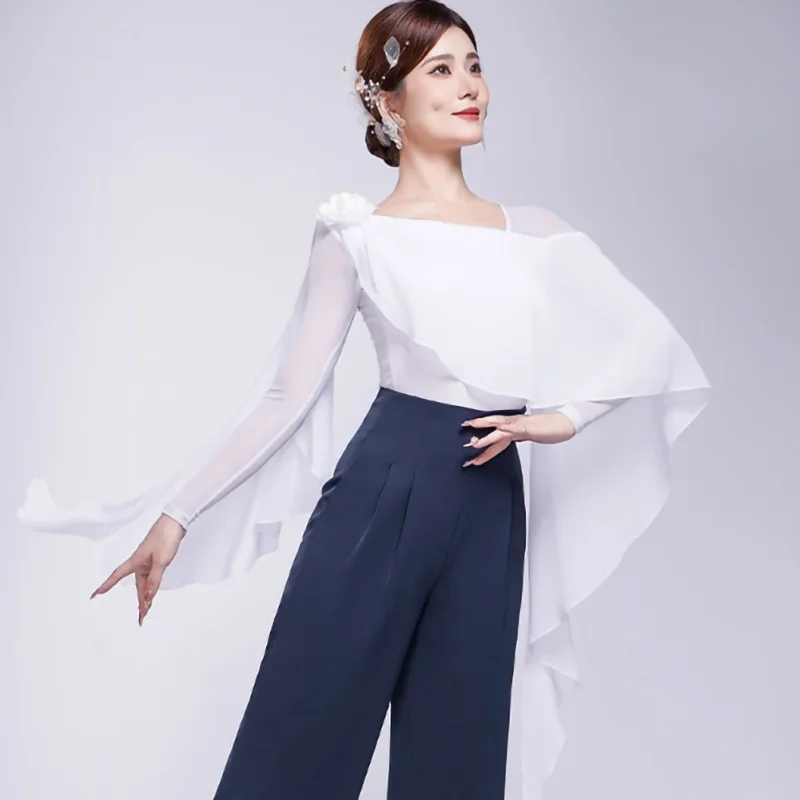 Nieuwe witte ballroom danswedstrijd dans top lange mouw oefenjurk zwart moderne dans shirt paarse sjaal wals