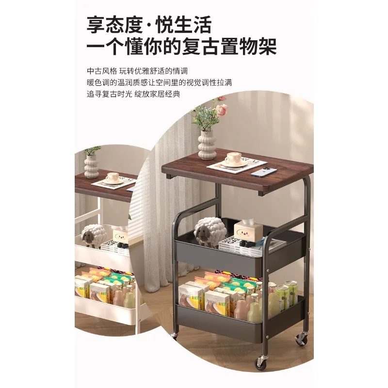movable double-layer coffee table trolley, side table living room sofa storage with wheel tea table, bedroom shelf small table