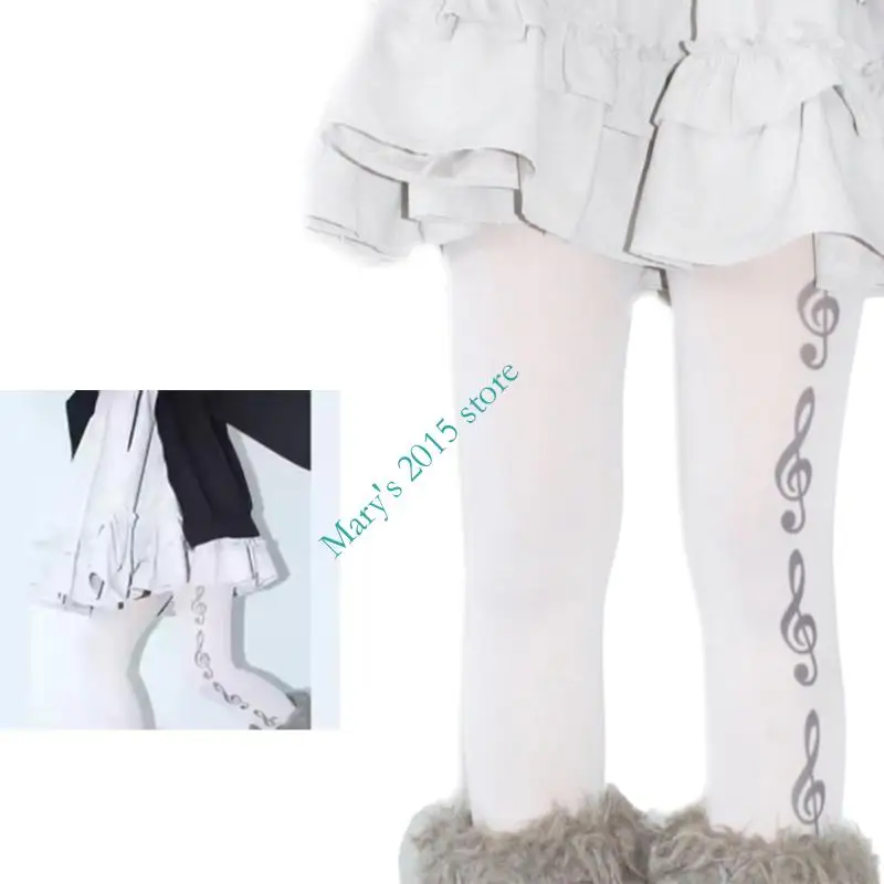 

E15F Slimming Tights Leggings for Women Fashionable Japanese Musical Note Print Opaque White Pantyhose Stockings