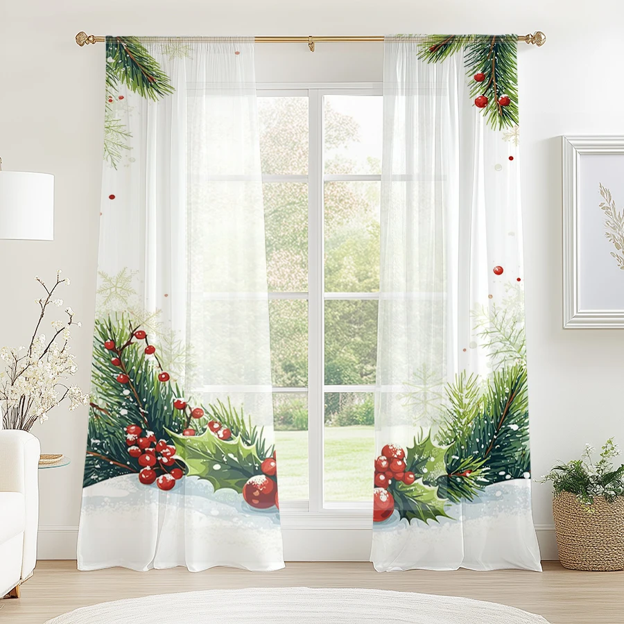 2PCS Christmas Sheer Curtains, Window Frame Green Garland, Digital Print, Bedroom Living Room, Rod Pocket Polyester, Home Decor