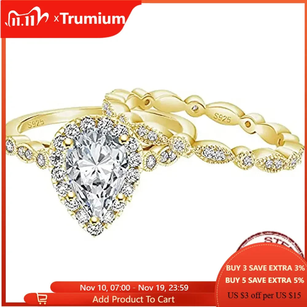 

Trumium 1.5CT 925 Sterling Silver Bridal Two Ring Set Teardrop CZ Engagement Rings Vintage Promise Rings Wedding Bands for Women
