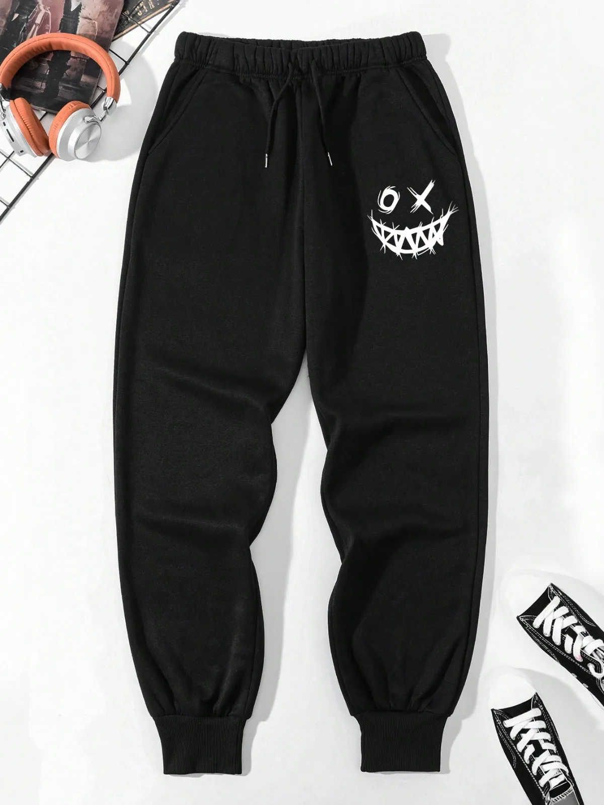 Men's Smiling Face Printed Drawstring Waist Pants for Rave Trendy Pattern Drawstring Sweatpants Casual Slightly Stretch Joggers - Image 3