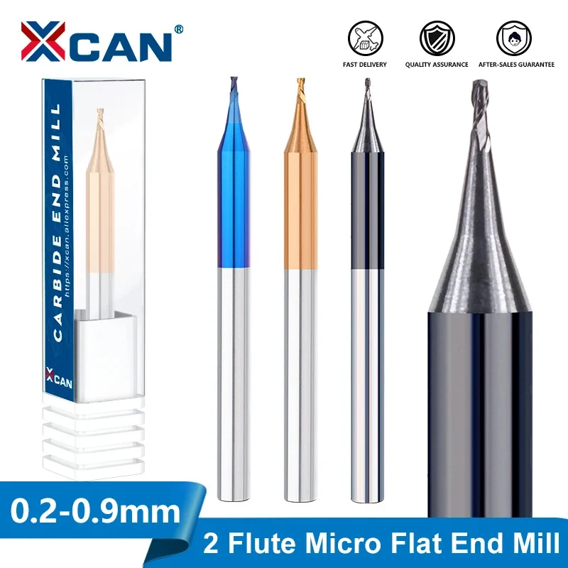 XCAN Milling Cutter 2 Flute Micro Flat End Mill 0.2-0.9mm 4mm Shank Tungsten Carbide CNC Router Bit TiCN Coated Milling Tool