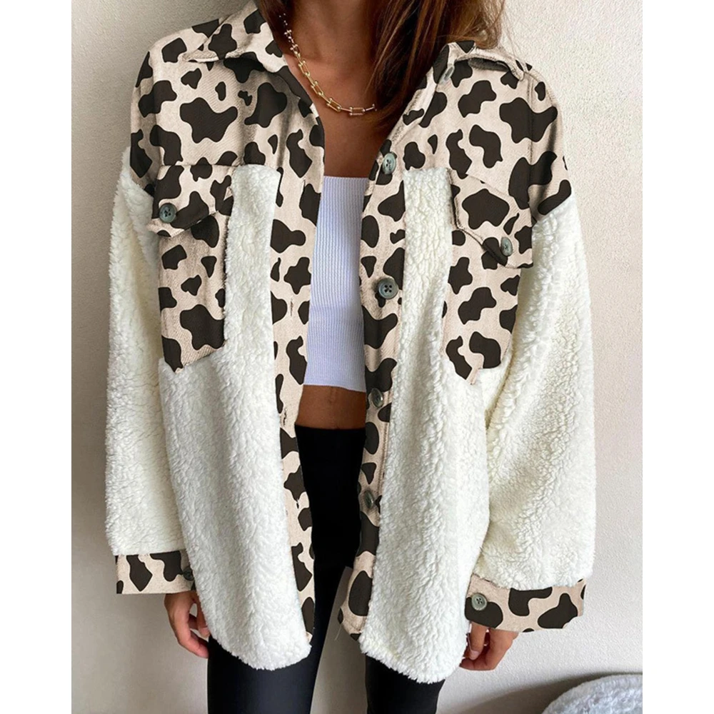 

New Autumn Women Colorblock Cow Print Pocket Design Teddy Shirt Coats Fashion Femme Long Sleeve Turn-down Collar Fluffy Jackets