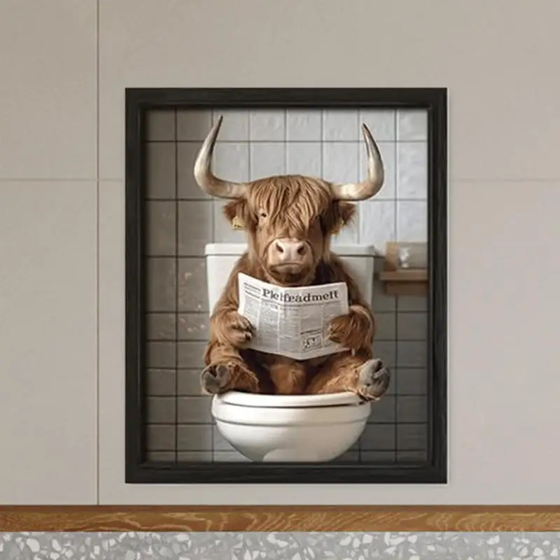 Tin Sign Scottish Highland Cow in Toilet Reading Newspaper Bathroom Humour, Funny Bathroom Toilet Whimsy Animal sign