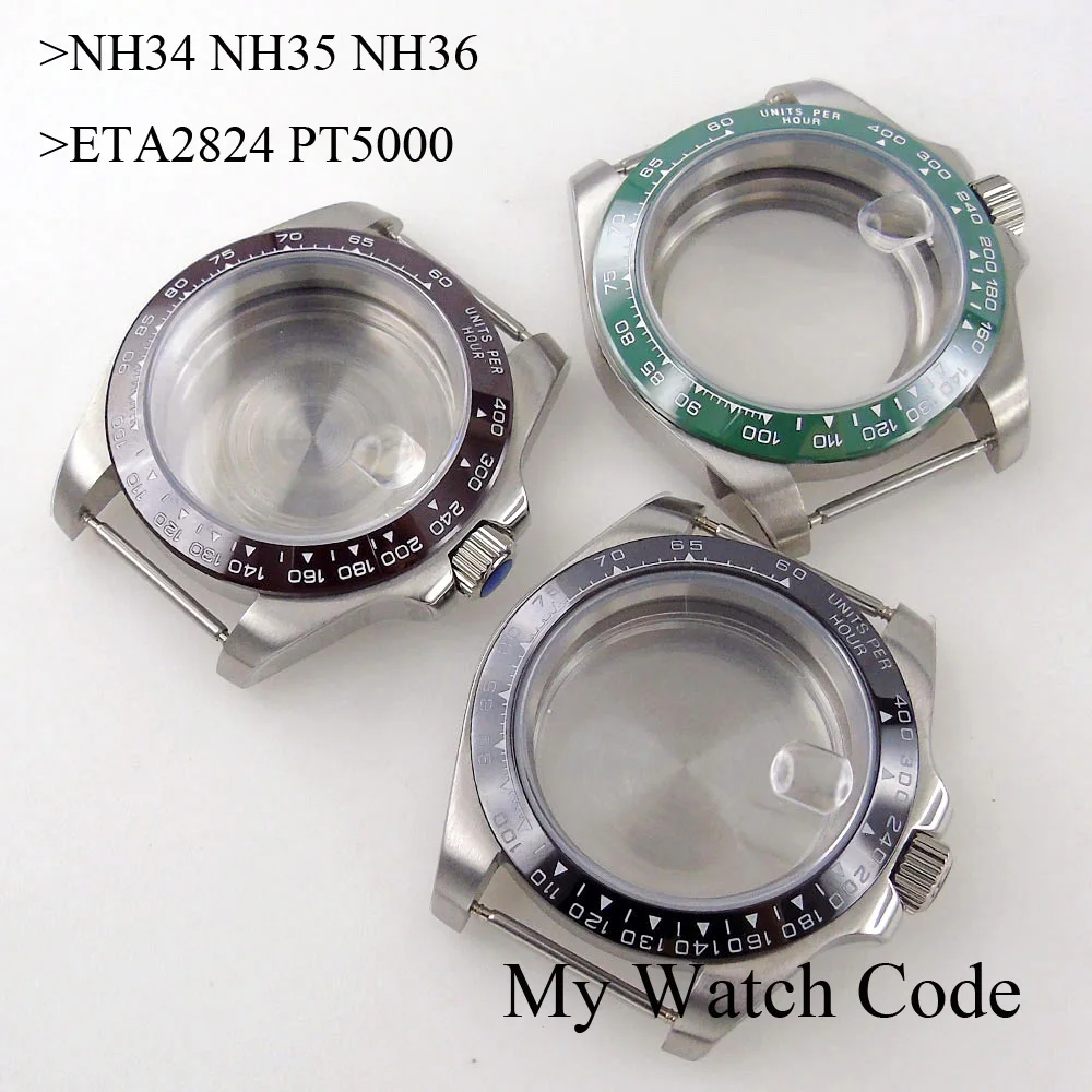 

40mm 316L Steel Watch Case for NH34 NH35 NH36 NH37 NH38 NH39 ETA2824 PT5000 ST2130 fixed Ceramic Bezel Glass Back for Watch Mod