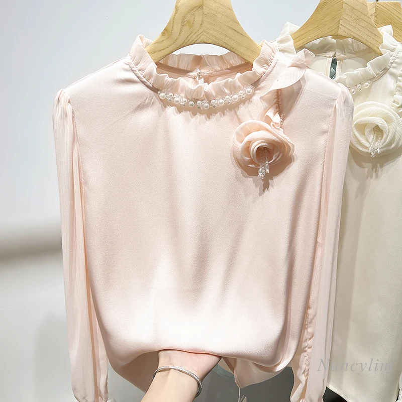 Spring Korean Elegant Shirt Lady Slimming Stand Ruffled Collar Beaded Three-Dimensional Flower Solid Color Long Sleeve Blouse