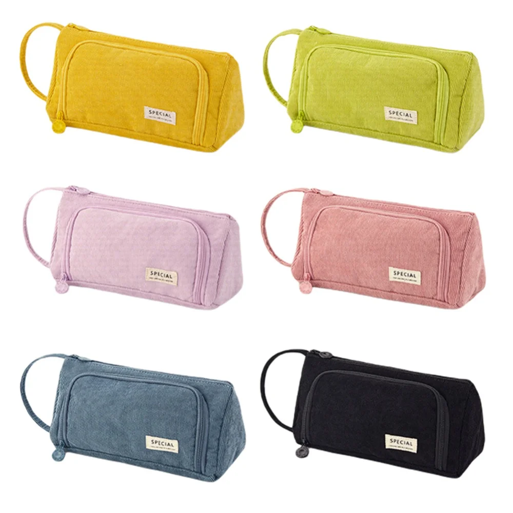 Corduroy Stationary Pen Storage Bag Pen Pencil Bag Zipper School Pencil Case Multi Layer Large Capacity Cosmetic Travel Handbag