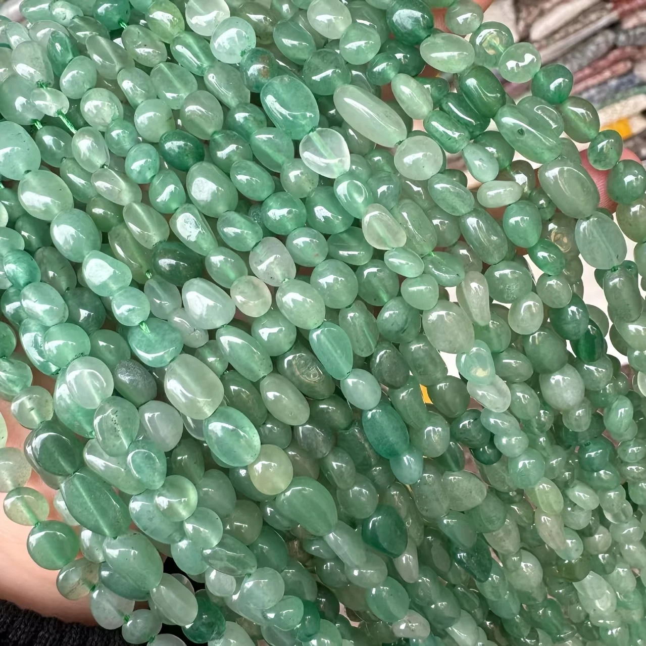 6-8 mm natürliche, grüne Aventurin-Perlen in ovaler Form, poliert, lose Perlen zum Verzieren, für die Schmuckherstellung, zum Basteln von Halsketten und Armbändern.