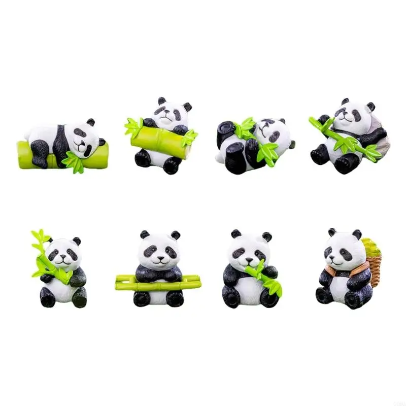 G99A Cartoon Panda Cake Toppers Figures Toy Set of 8 Realistic Animal Miniature Figurines for Garden Potted Plant Decoration