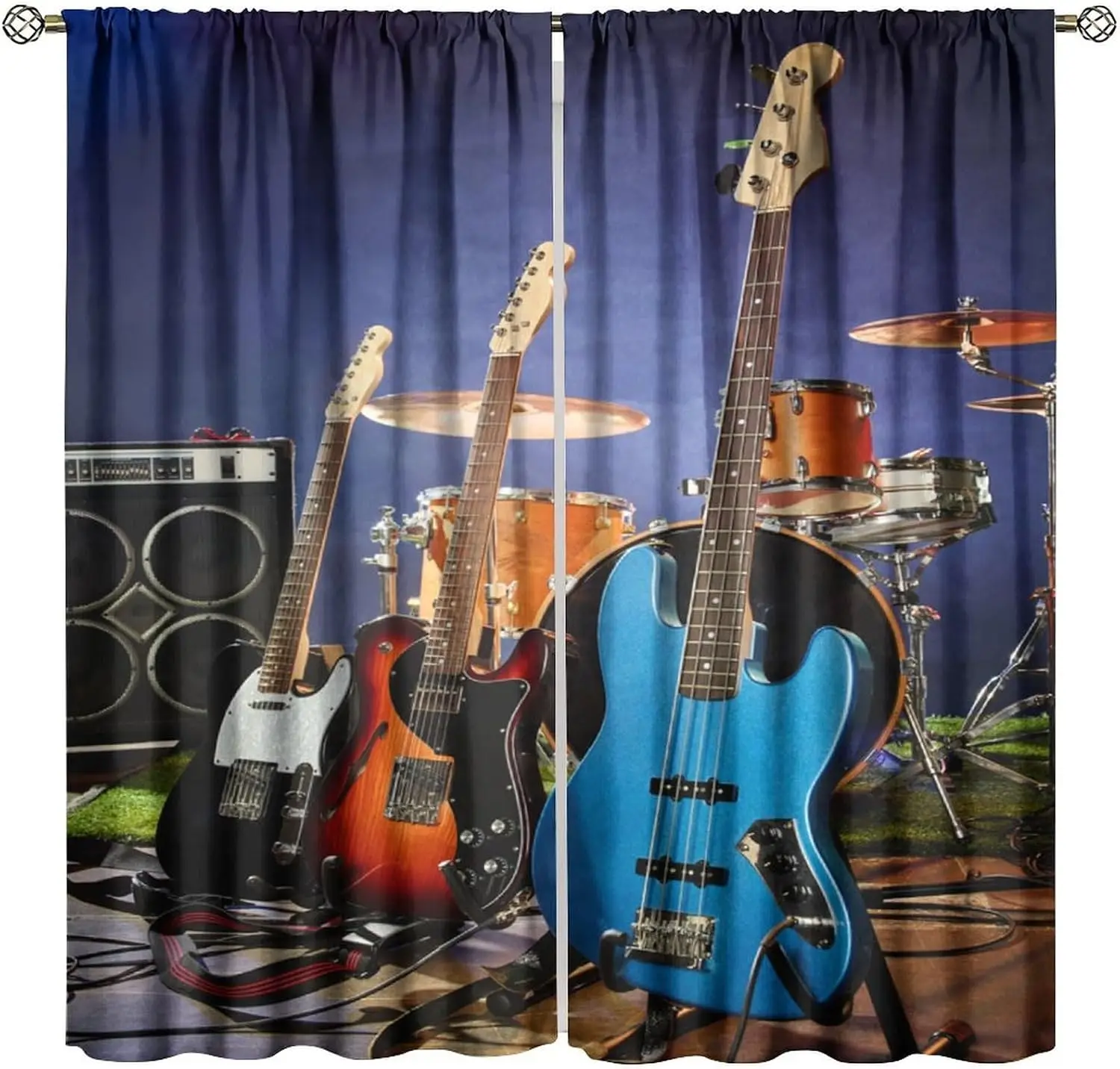 Rock Musical Instrument Print Blackout Curtain Guitar Set Band Style Thermal Insulated Window Curtains for Bedroom Studio Decor